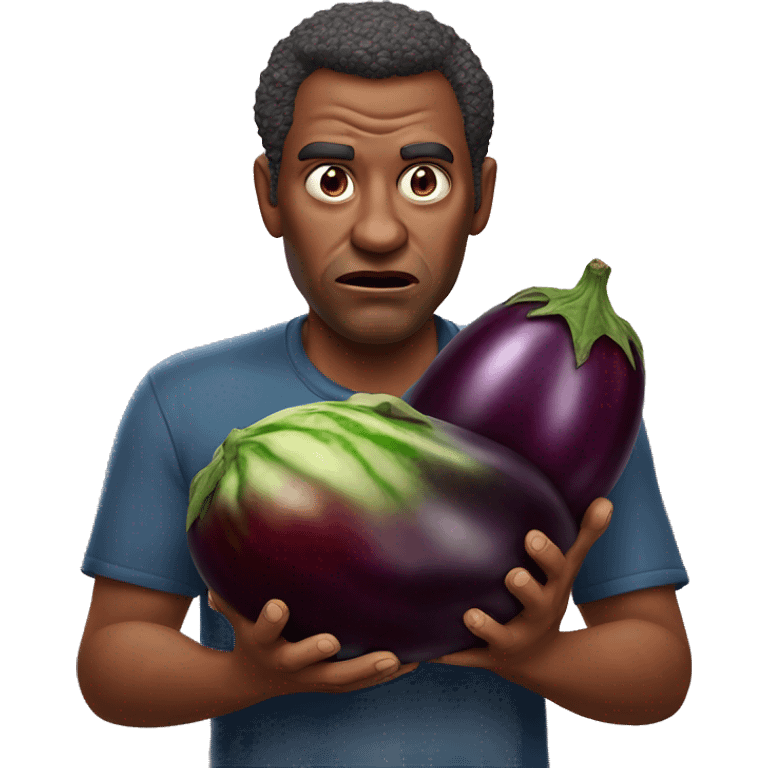 really angry man (red-skinned) holds a giant eggplant in his hands; realistic emoji