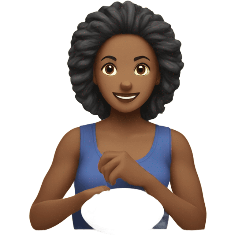 a woman looks at a plate of healthy food emoji