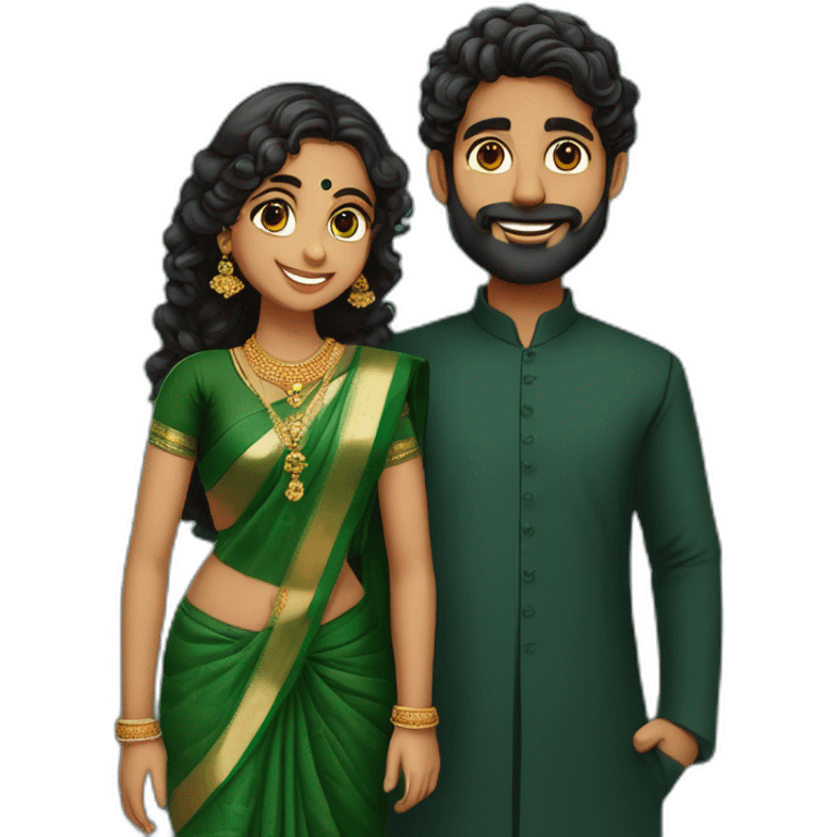 south indian girl with curly hair wearing dark green saree marrying south indian guy with straight hair and beard wearing dhoti emoji