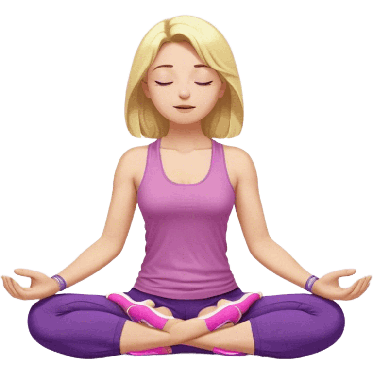 yellow-skinned woman sitting in a cross-legged meditation pose. She has shoulder-length blonde hair and wears a purple tank top, gray pants, and pink shoes. Her eyes are closed, and she has a peaceful, relaxed expression. Her hands rest on her knees with her fingers forming a meditation mudra emoji