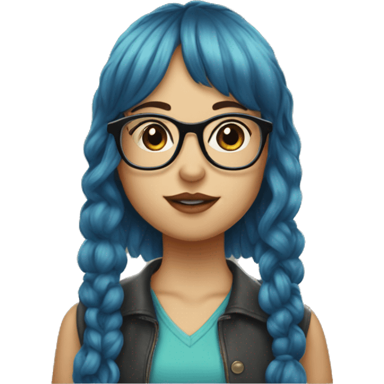 a girl with blue hair and bangs and glasses kissing a girl with curly dark hair and bangs and glasses emoji