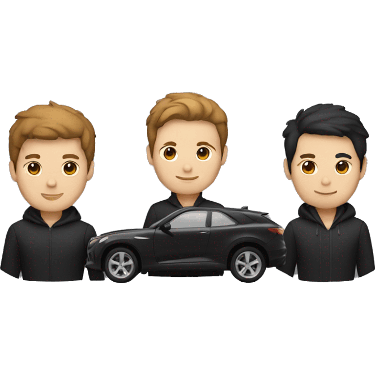 2 men (black and brown hair), 1 dark brown car, 1 black cat and 1 shiba inu dog emoji