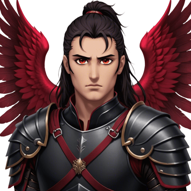 A towering Illyrian warrior with long, dark hair tied loosely at the nape of his neck, his hazel eyes flickering with battle-hardened resolve and mischief. His powerful frame is clad in black leather armor with deep crimson accents, fitted perfectly to his broad shoulders. His massive Illyrian wings stretch behind him, their leathery surface marked by scars of countless battles. A wicked grin plays on his lips, revealing the roguish charm beneath the warrior's exterior. emoji