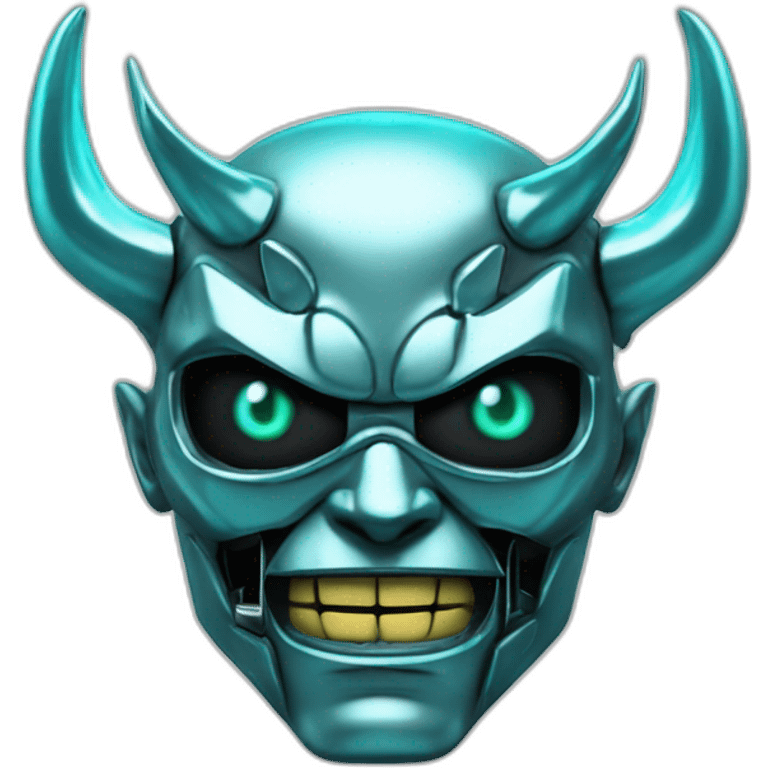 chrome demon with aquamarine lazer eyes and letter B on the face, 3d, portrait, black background emoji