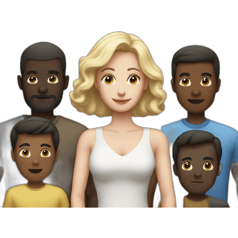 five dark-skinned men stand behind a pale woman emoji