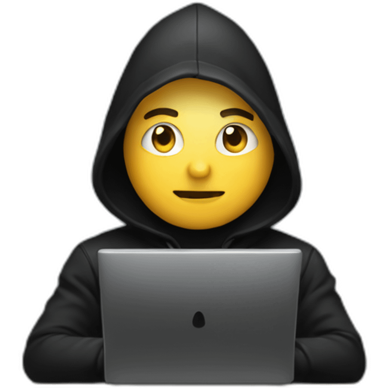 Whites Developer with a black hood behind computer and focus on his code  emoji