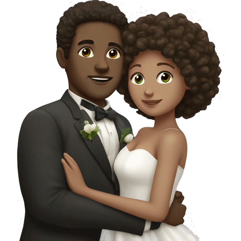 black man, brown eyes, afro hair, white woman, brown hair, dark green eyes, hugging wedding emoji