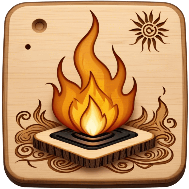 Pyrography icon, wooden board with intricate burn marks, pyrography wood burner in use, detailed patterns, minimalistic style, clean lines, transparent background. emoji