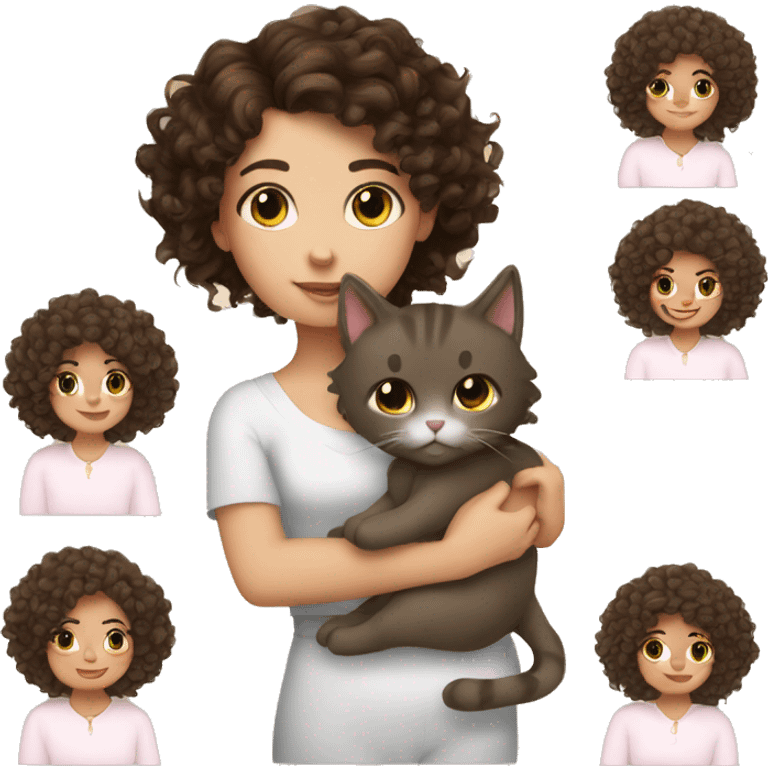 White Girl curly brunette hair cuddling with cat emoji