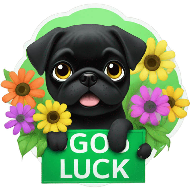 Black pug , surrounded by flowers, holding a green sign that says “good luck”  emoji