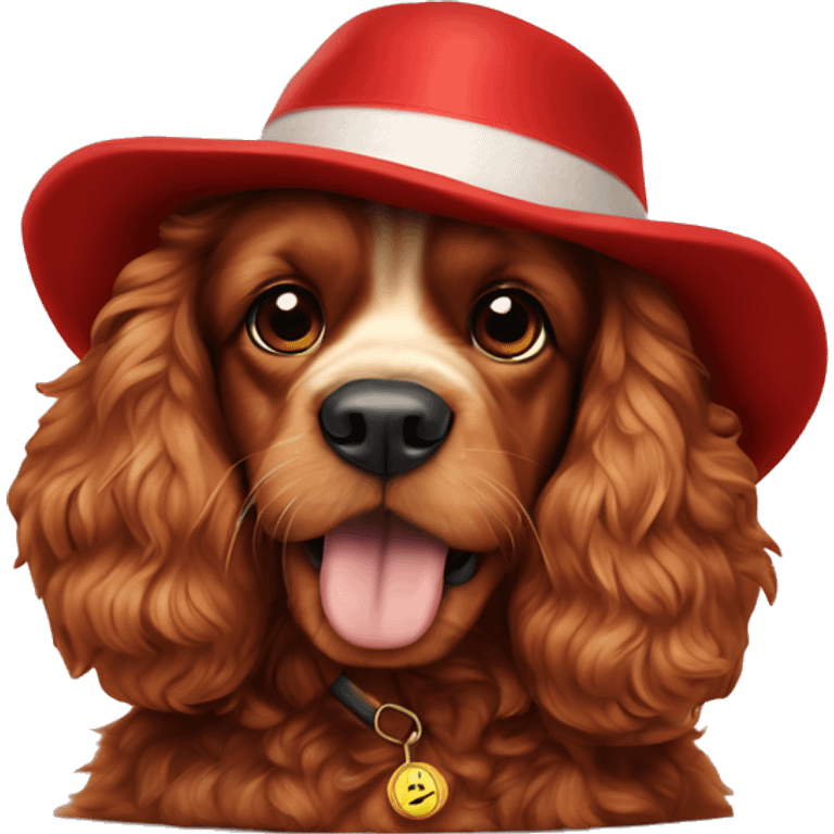 Red fur cocker spaniel in chew year hat. Full lenght emoji