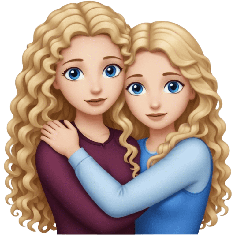 beautiful woman with long curly blonde hair and blue eyes, hugging beautiful woman with long straight brown hair and brown eyes emoji