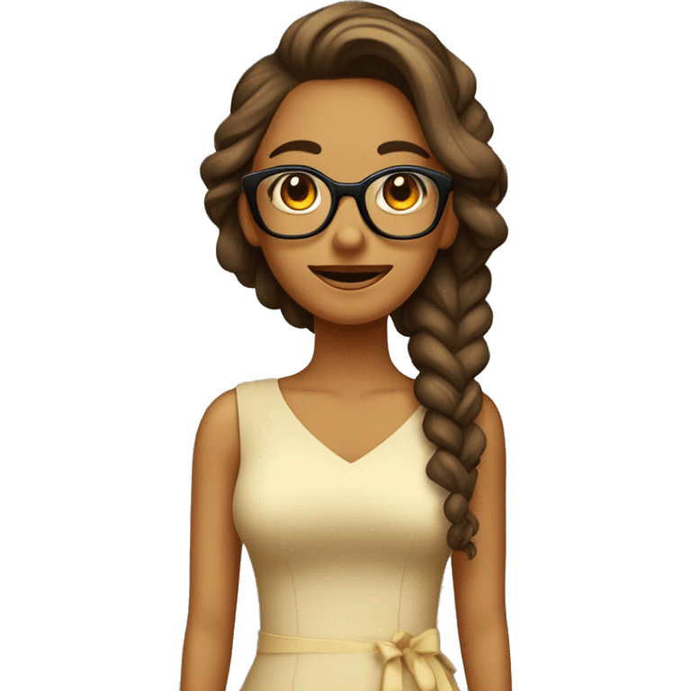 Chica con pelo castaño rizado longitud mediana. Con gafas beige. Sonriente y con vestido amarillo con dibujos de piñas. emoji