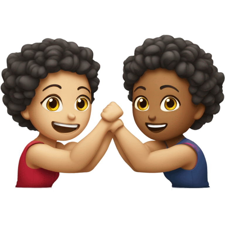 Two girls arm wrestling. One with curly hair and one with a shaved head  emoji