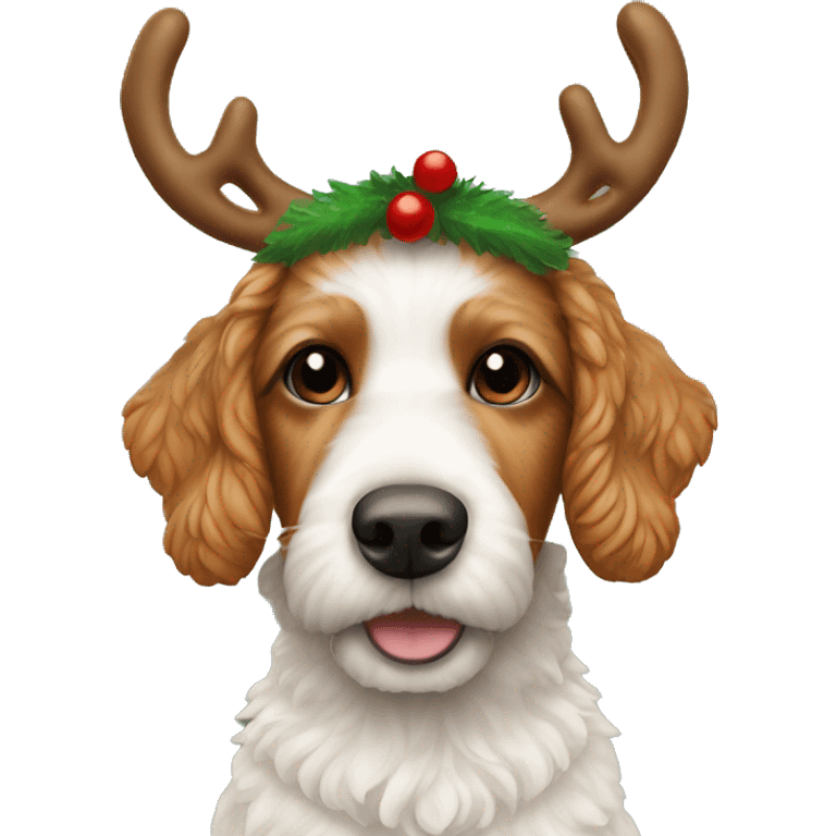 Ginger cockapoo wearing a reindeer headband emoji