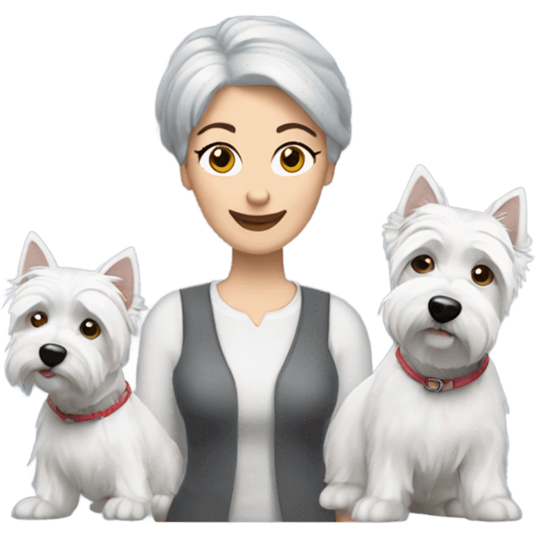  short gray hair lady blue eyes with three westie dogs emoji