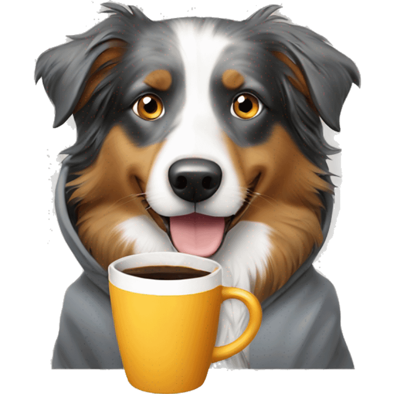 Australian shepherd with hoodie on drinking coffee emoji