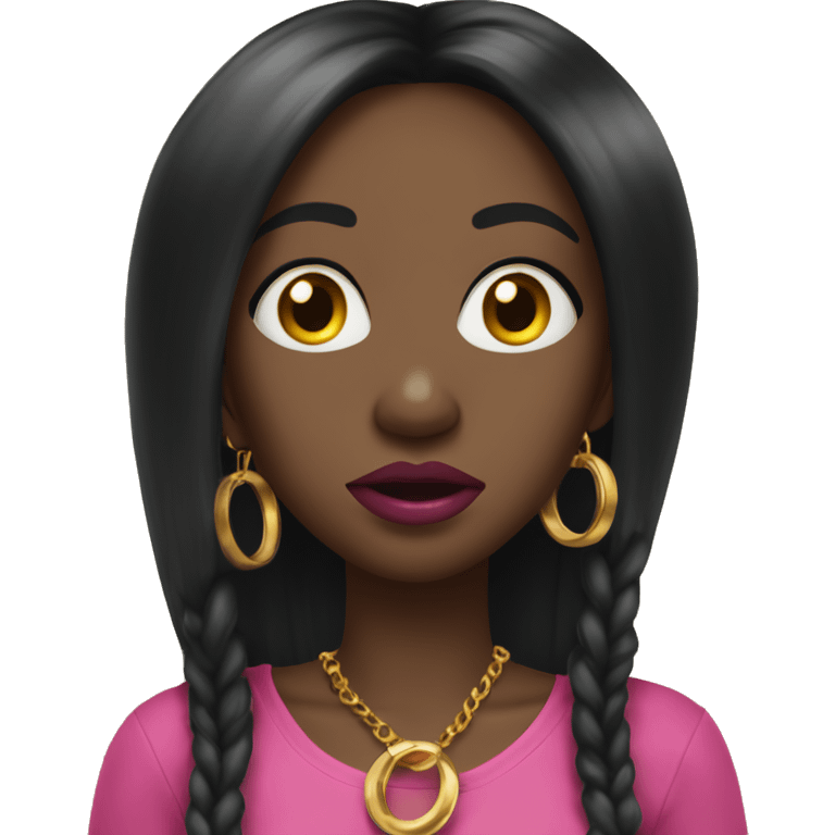 Shocked Black girl with long black straight hair and pink lipstick with gold hoop earrings and and a gold necklace  emoji