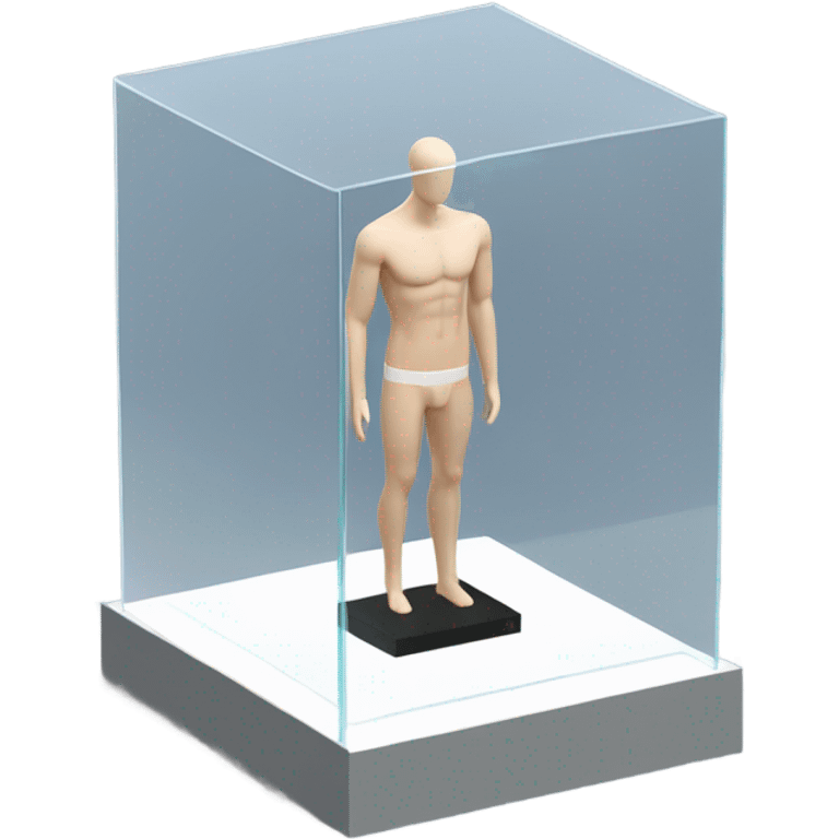 male mannequin abs cubes inside a glass cube on a stand isometric view emoji