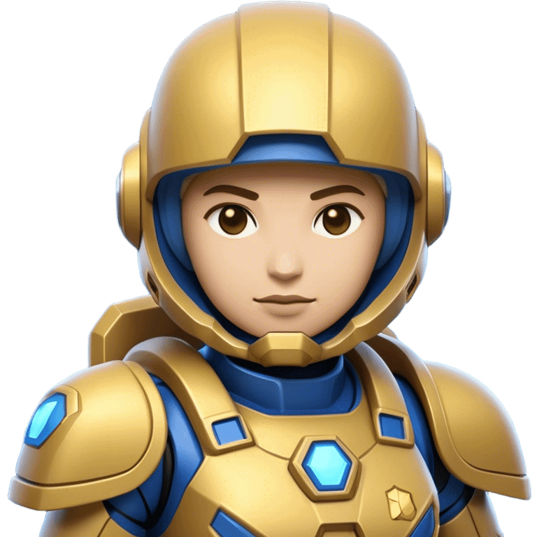 Clash of Clans aesthetic: Cinematic heroic Terran Marine Hero close up Emoji, rendered in a 3D vector-style similar to standard emojis with minimal shading and bold, simplified shapes. A compact, heroic isometric figure clad in futuristic power armor with signature energy accents, softly glowing with a cosmic battle charm. Simplified yet unmistakably iconic, highly detailed and consistent, glowing with a soft radiant shine and high gloss. Stylized with a touch of interstellar valor and a soft glowing outline, capturing the essence of an elite space warrior with a friendly, playful manner! emoji