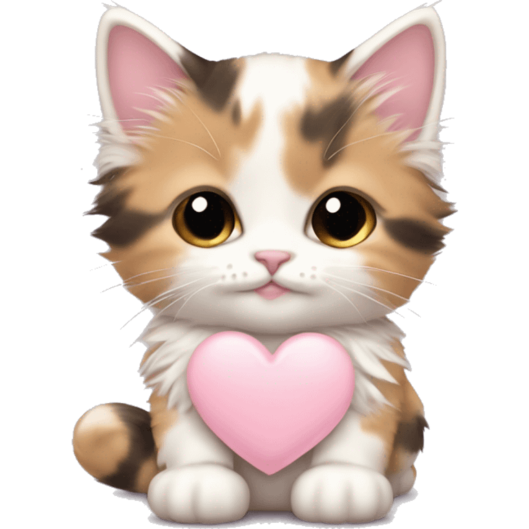 calico fluffy fat kitten with pale pink bow holding a pale pink heart emoji