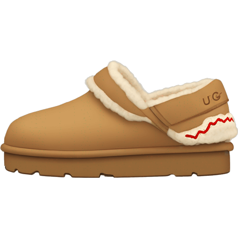 Ugg Camel slip-on slippers. A thin red zig-zag stitch only encircling ankles, VERY chunky platform sole. emoji