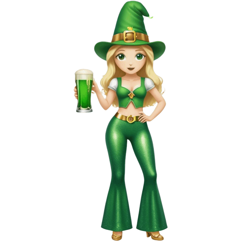 Blonde haired pretty woman in glittery green bell bottoms and tall leprechaun hat holding a green beer emoji