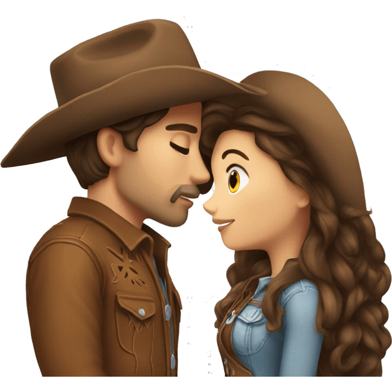 Cowboy with brown hair kissing cowgirl with brown hair emoji