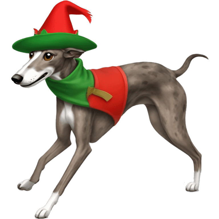 running brindle greyhound with green velt Robin Hood hat and small red feather emoji