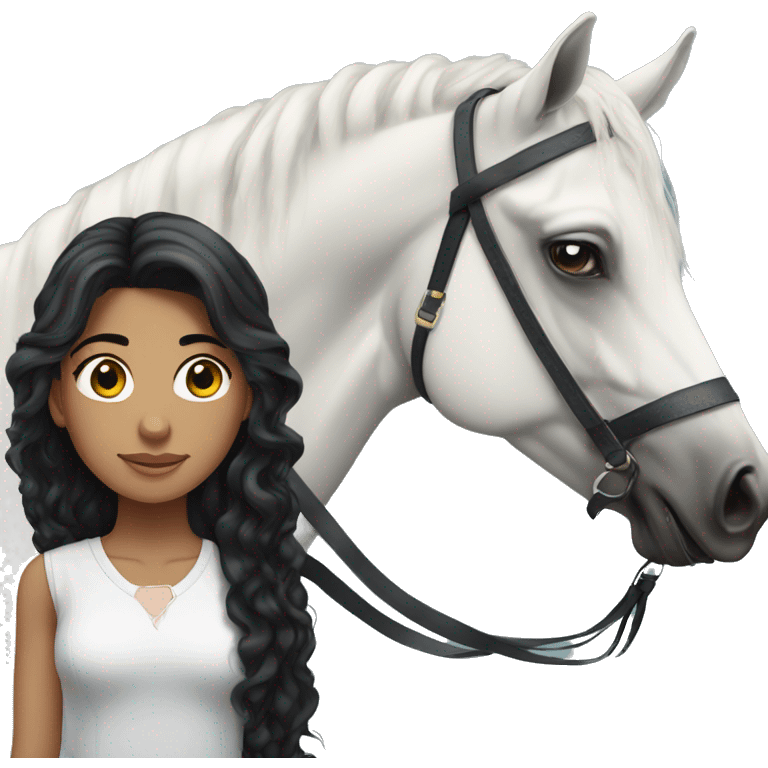  White Brazilian girl, long black curly hair, standing next to a black Arabian horse emoji