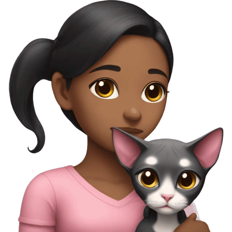 A girl with black hair hugs a pink sphinx cat  emoji