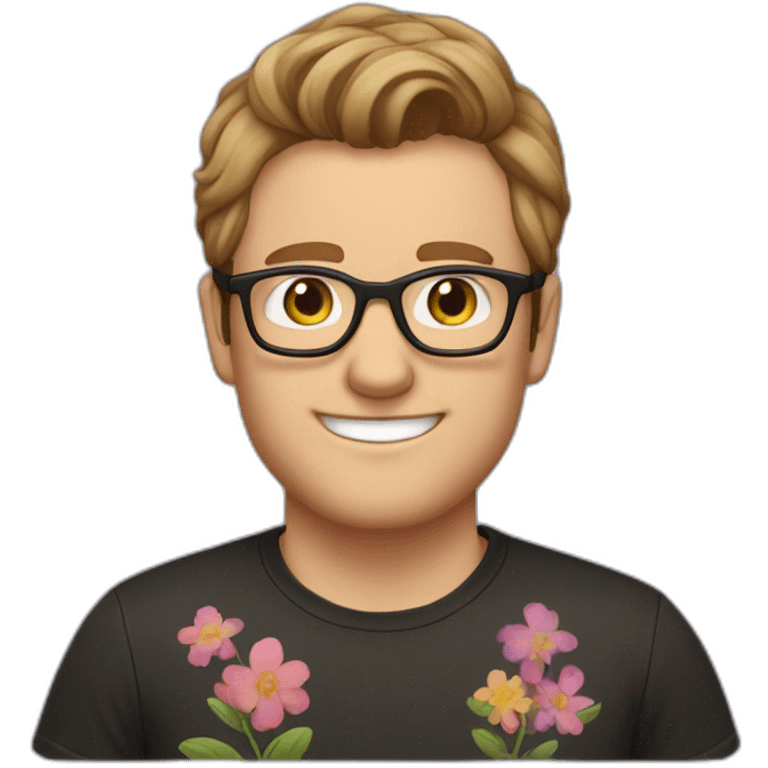 white guy with short brown hair up unshaved wearing glasses and dark t-shirt with flowers print emoji