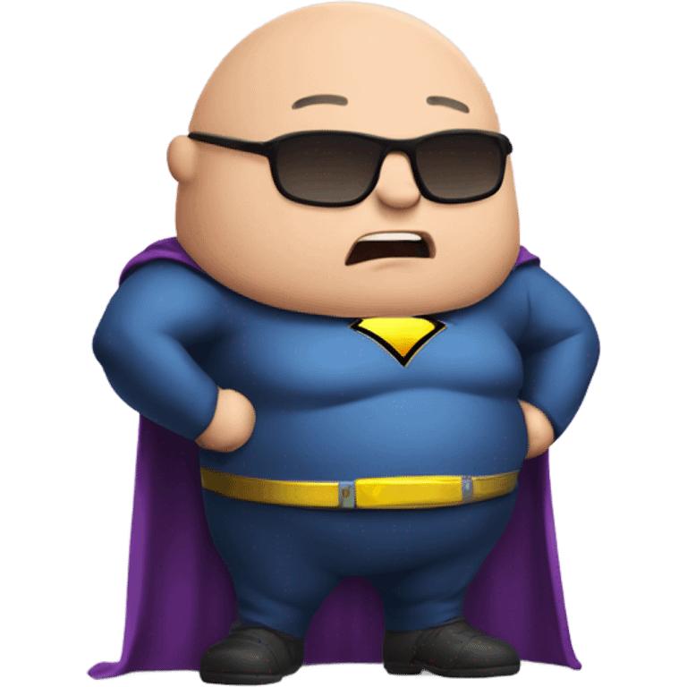 A chubby bald guy with a super hero suit and a logo that reads FatMan emoji