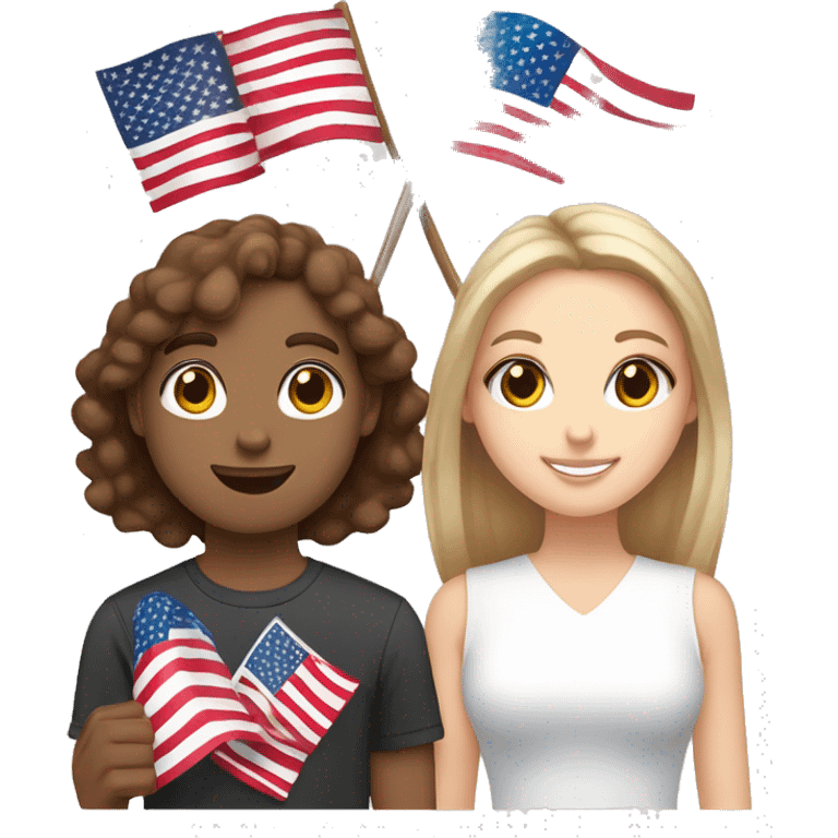 white girl with brown eyes and brown straight hair holding a polish flag in her hands and white guy with brown curly hair holding an american flag in his hands  emoji