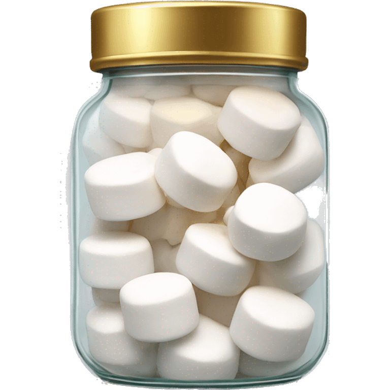 Realistic marshmallows in a glass jar with a gold screw on lid on the top. emoji