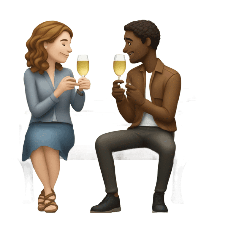 couple of white people with brown hair, sitting closely on a park bench, enjoying a romantic moment. One person is holding a croissant, and the other is holding a glass of Prosecco.  emoji