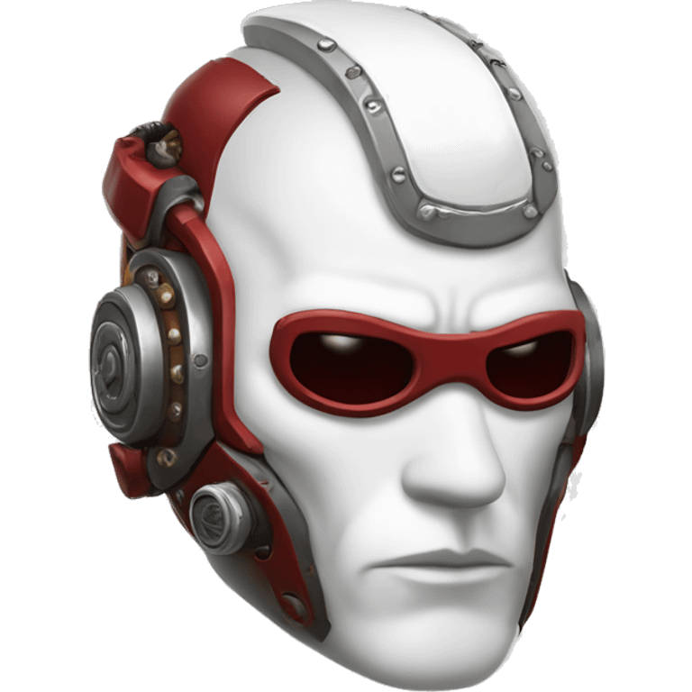 Red skin male cyborg head with white Mohawk, white goatee and white steampunk goggles emoji