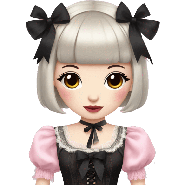 pale woman with short black hair and bangs, pink lips and eyeshadow, long eyelashes, brown eyes, pink Lolita dress with laces and ribbons, gothic Lolita doll look emoji