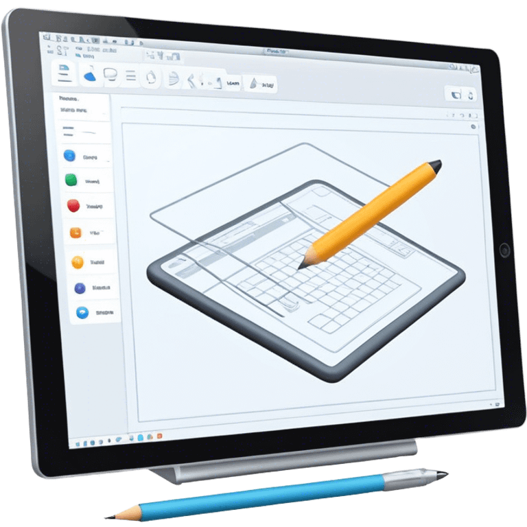 Create an emoji for 3D visualization and modeling. Show wireframe model that pops out from the screen of a large graphic tablet with a stylus drawing in a 3D modeling program. Use modern, professional colors. Do not include any emojis or smiley faces. Make the background transparent. emoji