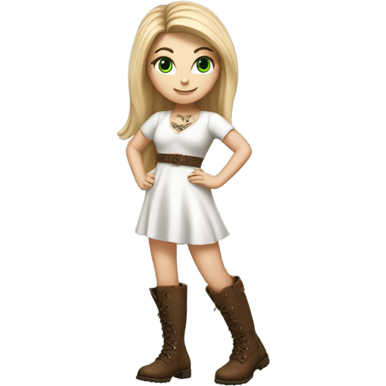 Realistic White girl with Long straight blonde hair, green eyes, tattoos, full body wearing white dress and Brown knee-high leather boots, dancing emoji