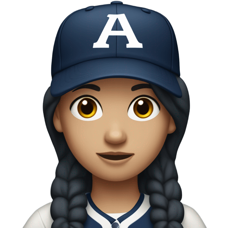 A  white girl with black long hair and wearing navy ballcap emblazoned with a red G initial and wearing baseball uniform emoji