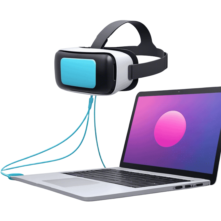 VR headset connected by a wire to a laptop. On the laptop screen, a VR/AR modeling soft is open. Floating 3D models or virtual objects. Modern, tech-inspired colors. No emojis or smiley faces. Transparent background. emoji