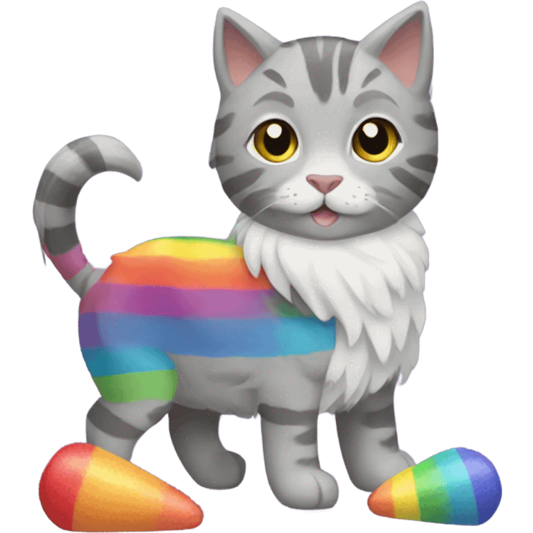 Grey tabby cat with rainbow lama toy emoji