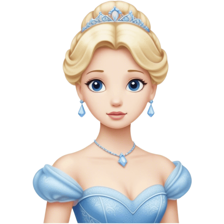 Cinematic Realistic Cinderella Portrait, depicted with lifelike porcelain skin, elegantly styled blonde hair, and a serene, graceful expression. Dressed in her classic ball gown with intricately detailed fabric textures and delicate pastel hues that catch soft, natural lighting, this portrait captures the timeless beauty of a fairy tale princess. emoji