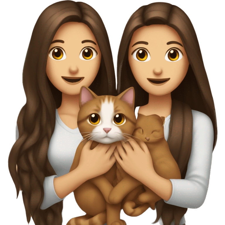 Two long hair brunettes keeping two brown cats in their hands emoji