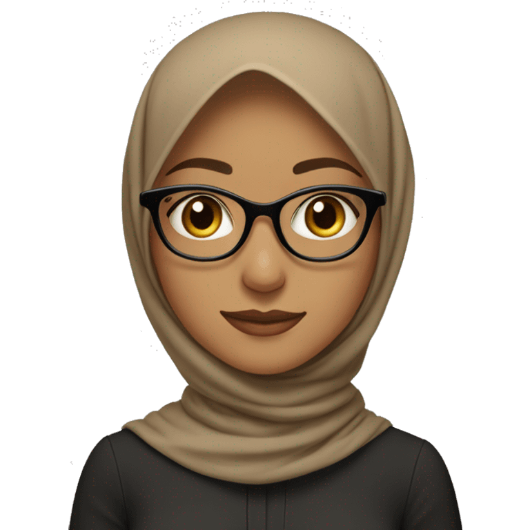 The image depicts a young woman wearing a light brown hijab and clear, round glasses. She is smiling softly, with a natural expression on her face. She is wearing a black outer garment,  emoji