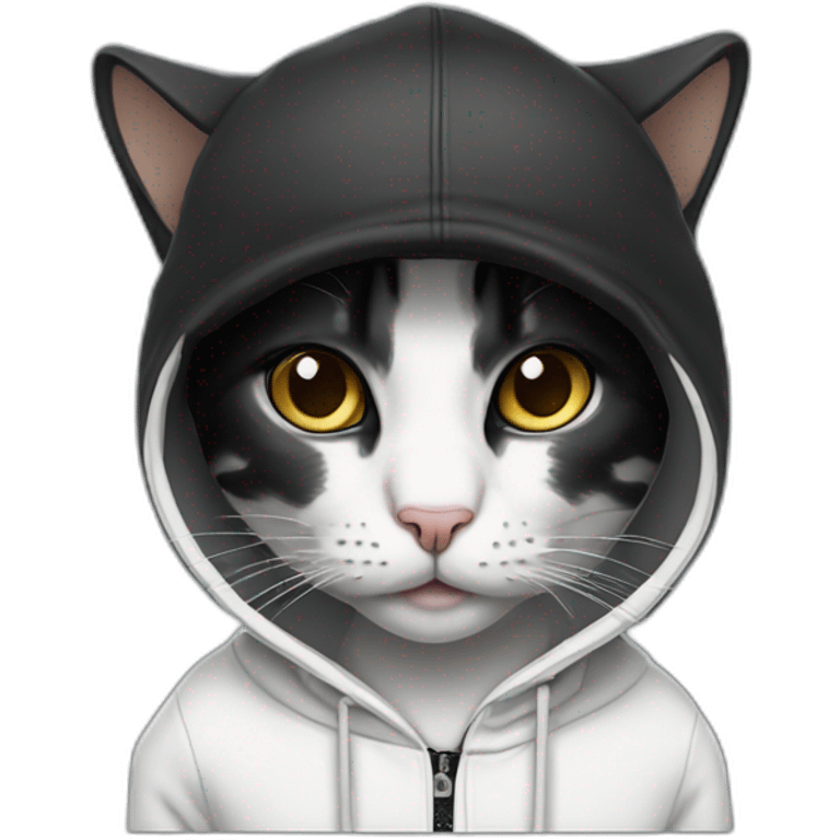 cat wearing a black ball cap and a white hoodie with the hood up emoji