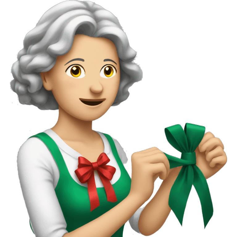 Middle aged woman learning how to tie a Christmas bow emoji