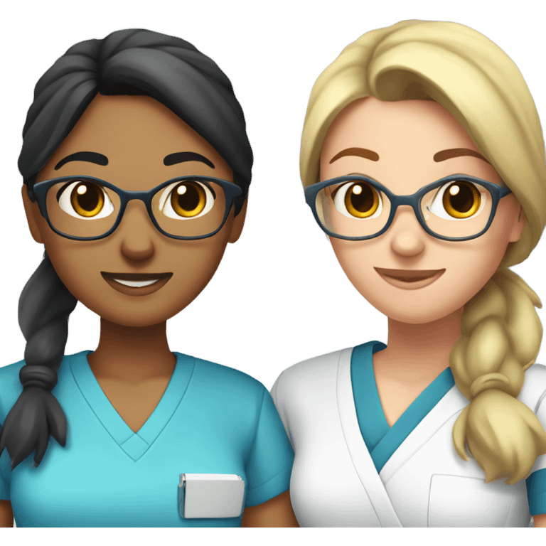 Two olive-toned Best friend nurses in blue scrubs. one girl has glasses with black hair in a pony tail. The other girl has long hair but no glasses emoji