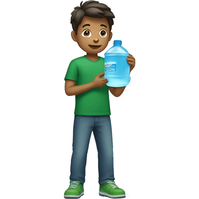  a boy wearing green clothes holding a gallon of water emoji